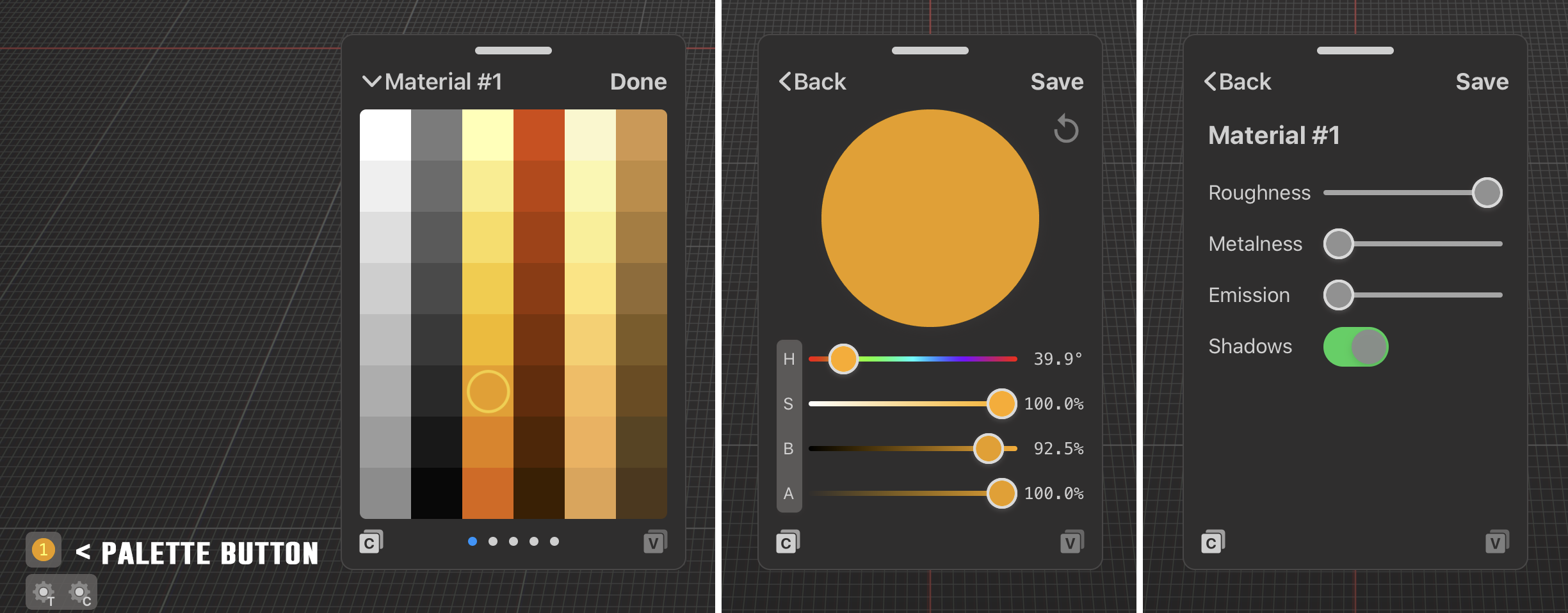 Voxel Max’s palette button in the bottom right corner which opens the Swatch Palette. Double tapping a swatch opens the Color Editor, or you can edit Materials from the menu above the swatches.