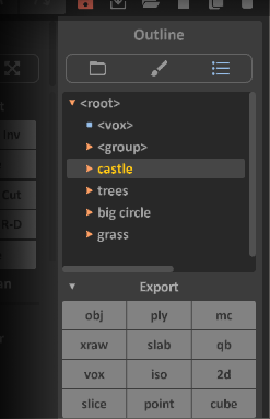 MagicaVoxel’s Project/Pattern/Outline Panel, with Export menu expanded at the bottom.